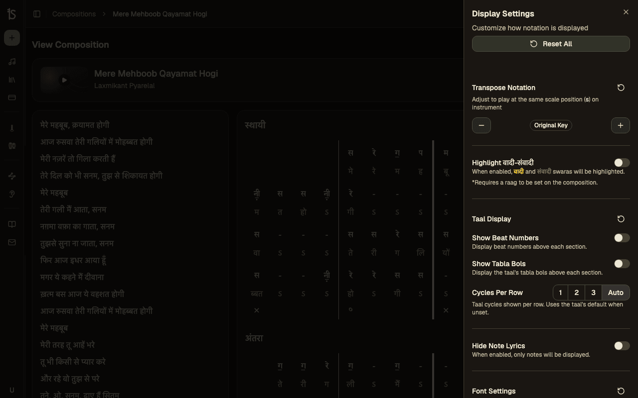Display settings panel