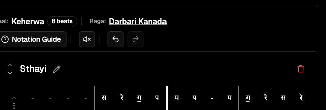 Close-up of notation cells with Bhatkhande notes