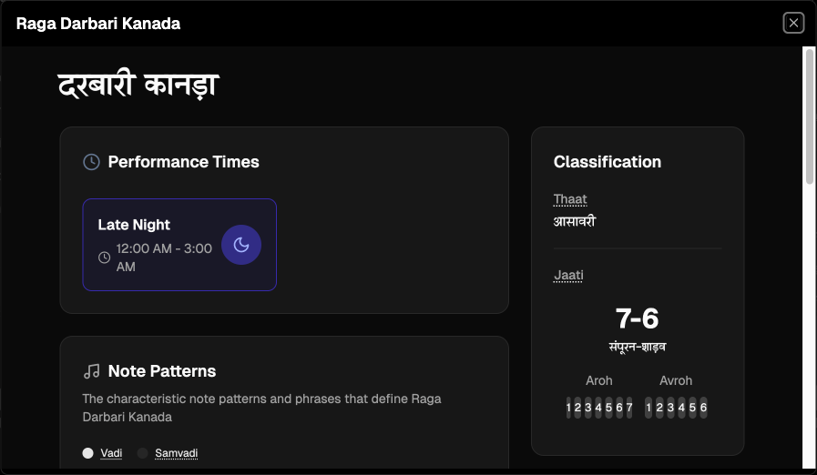 Raga info modal showing raga details