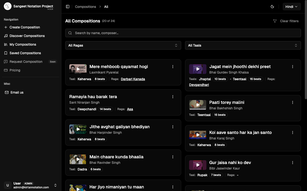All Compositions page with search and filters